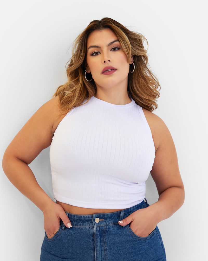Side of a model wearing a size 3X Essential Ribbed High Neck Crop Top - White in White by Rebdolls. | dia_product_style_image_id:321491
